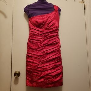 Red satin asymmetrical ruched dress
